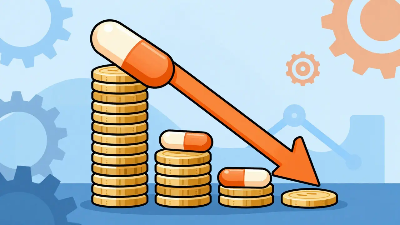 Downward arrow showing price drop from brand to generic drugs