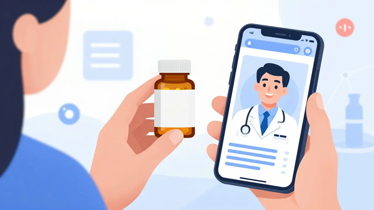 Hand holding prescription bottle near phone with telehealth doctor