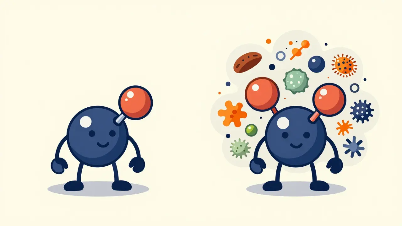 Illustration comparing blocked receptors versus an increase in environmental allergens causing symptoms.