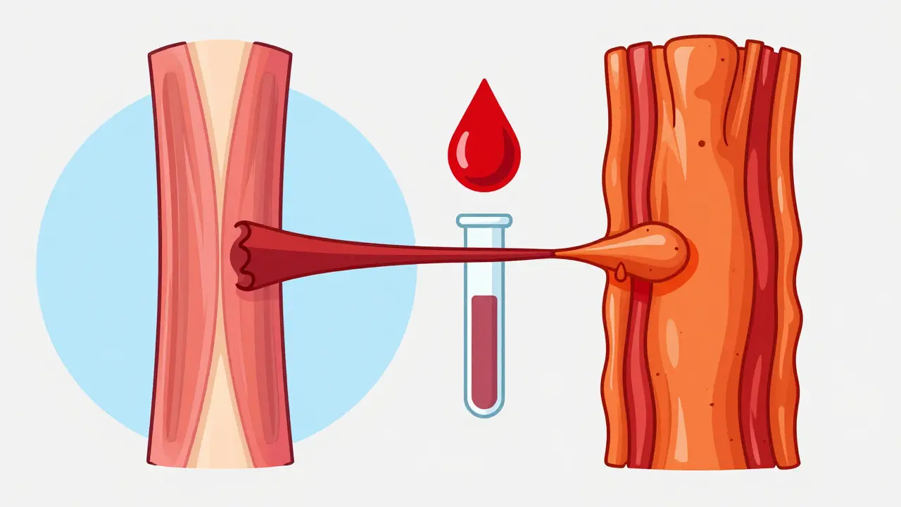 Illustration comparing healthy vs inflamed muscle fibers with a blood test icon