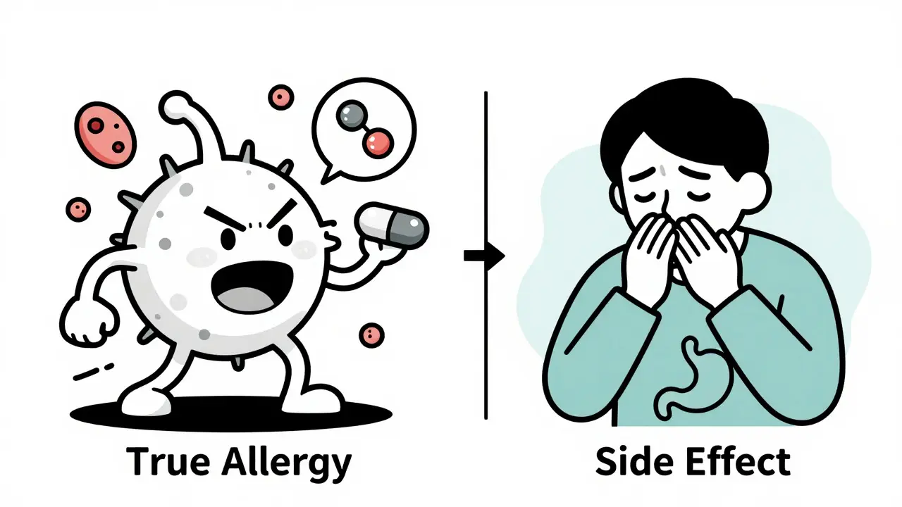 Illustration contrasting true drug allergy immune response vs side effect