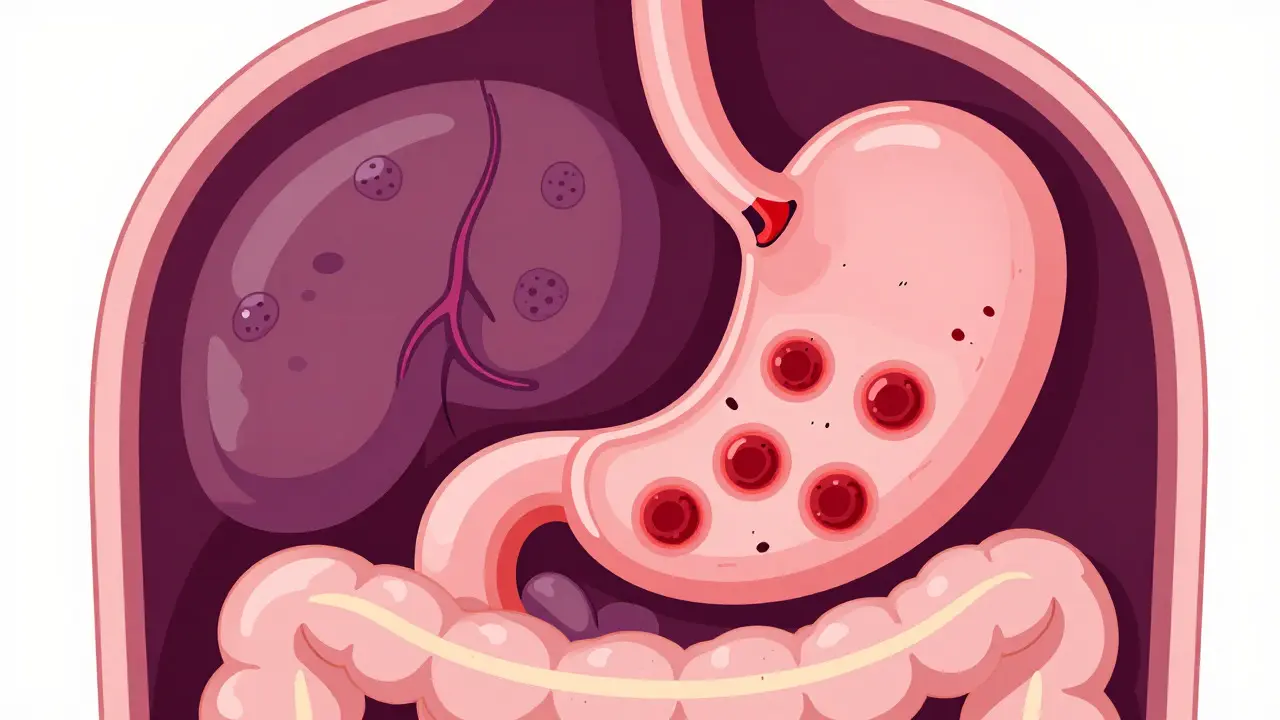 Illustration showing stomach ulcers and esophageal varices in the GI tract