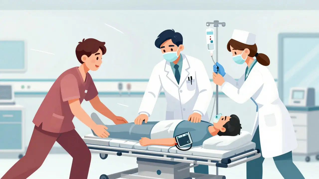 Medical team stabilizing a patient in an emergency room setting