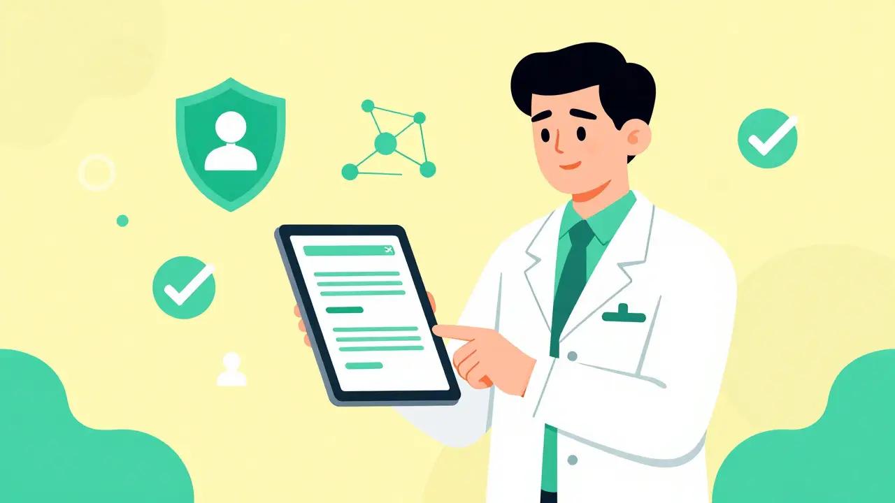 Pharmacist submitting digital report, surrounded by safety and compliance symbols.