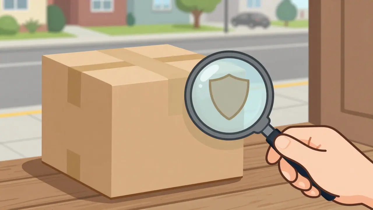 Plain brown delivery box with safety shield symbol on doorstep
