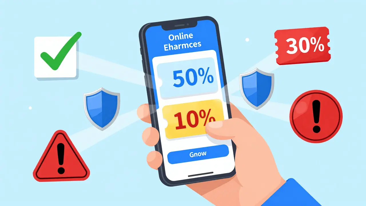 Smartphone connecting to safe online pharmacy options and coupons