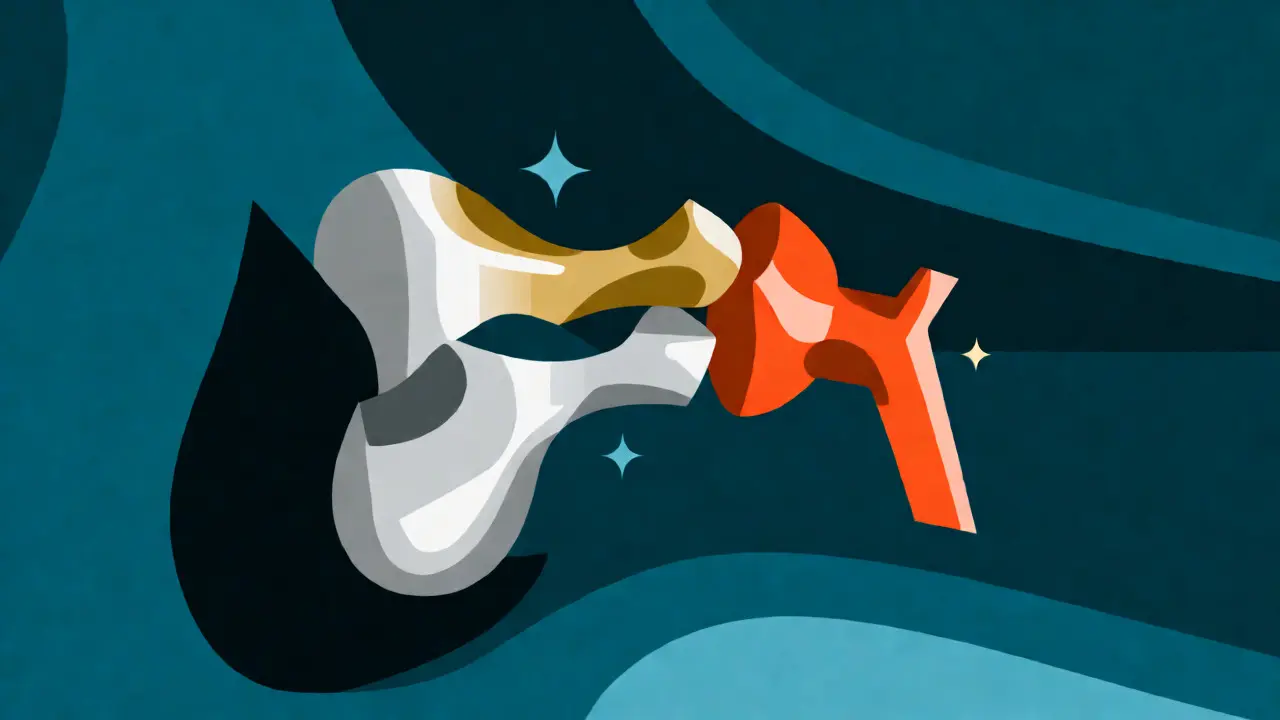 Stylized illustration of ossicle bones with one fused stapes in orange