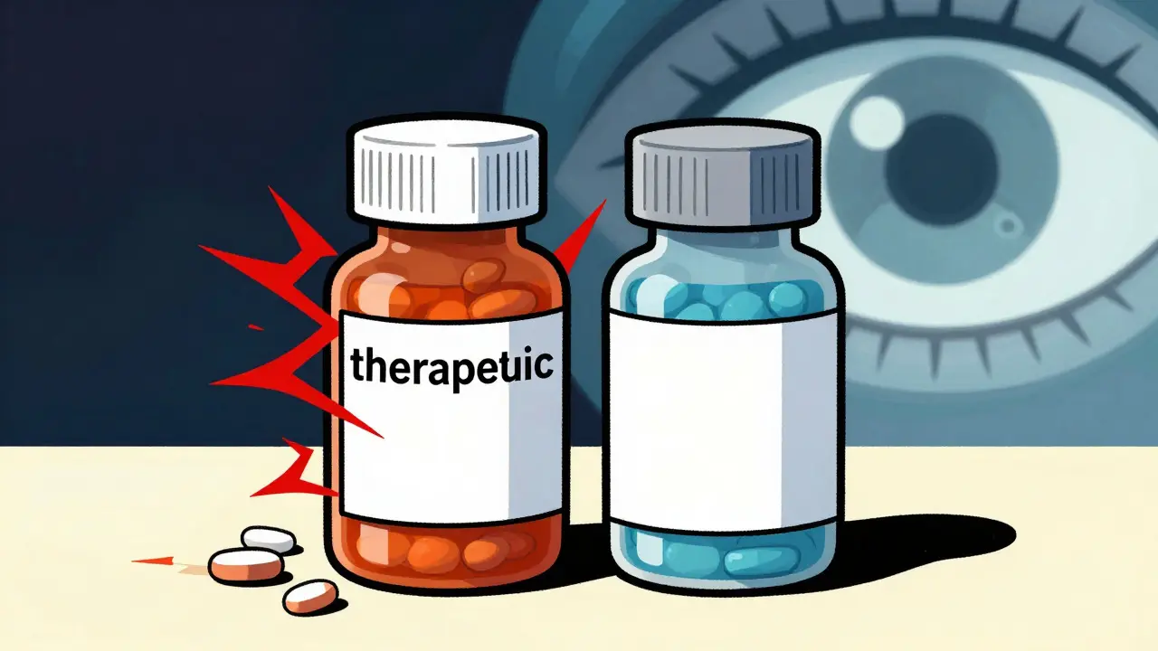 Two generic pills contrasted with chaos and calm, under an abstract monitoring eye.